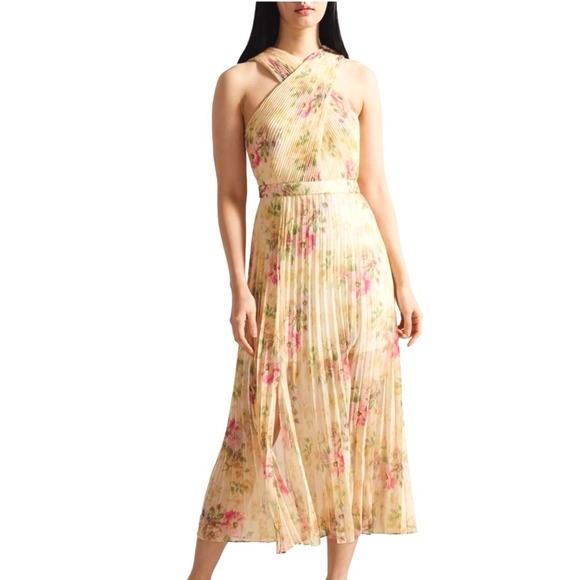 Ted Baker Dresses & Skirts - Ted Baker Amerah Cross Front Pleated Floral Midi Dress Tan Pink Size 2 US 6